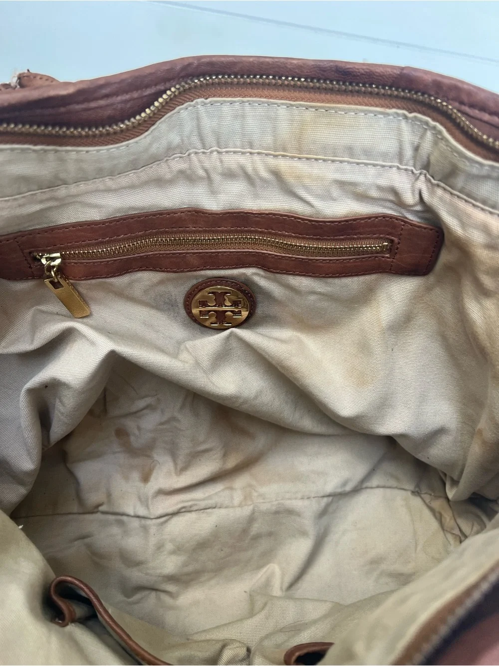 Tory Burch Ella Tote Canvas Bag Yellow Stripe and Brown Leather Trim Logo